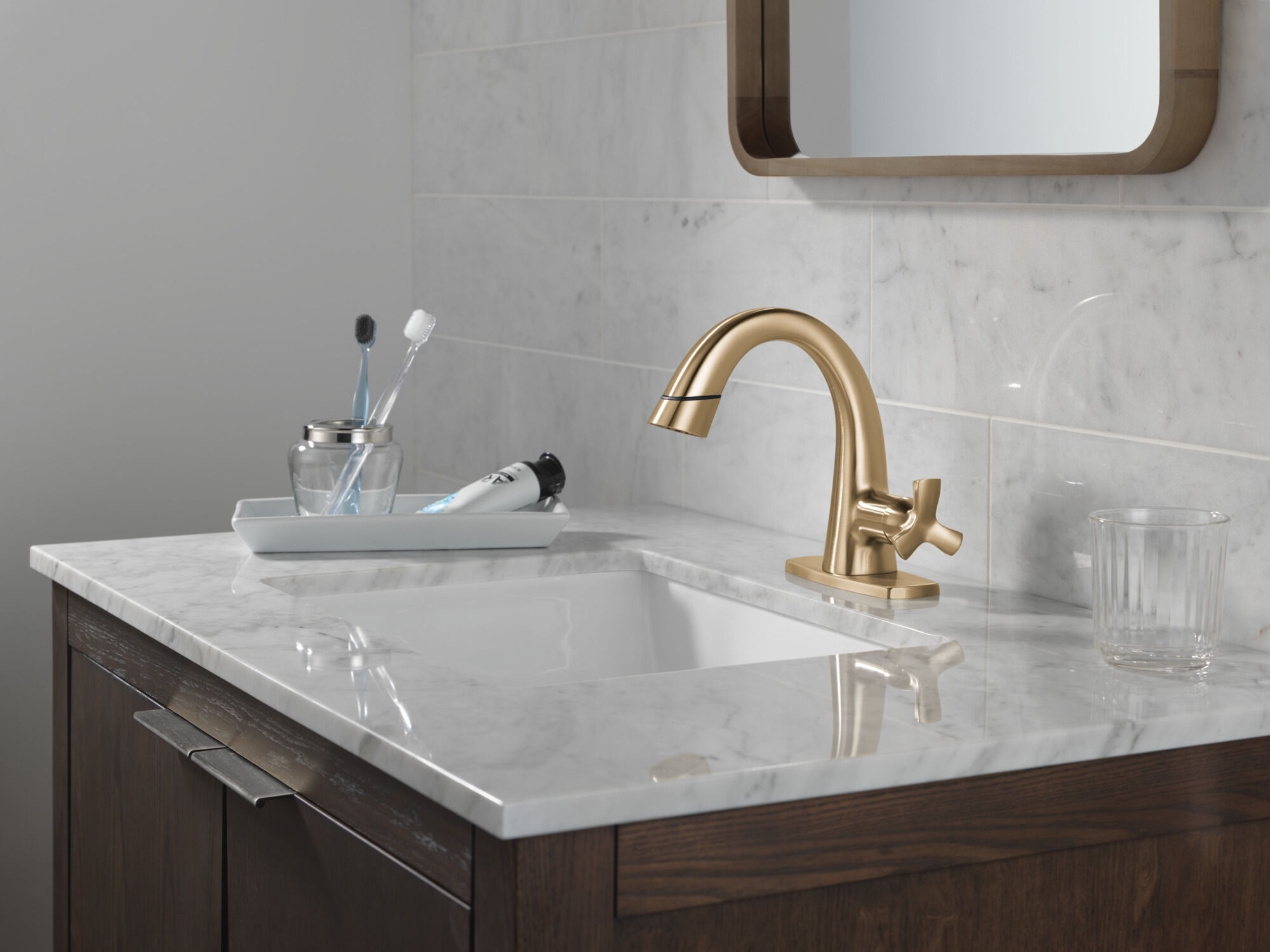 cham Single Handle Pull Down Bathroom Faucet in Lumicoat® Champagne