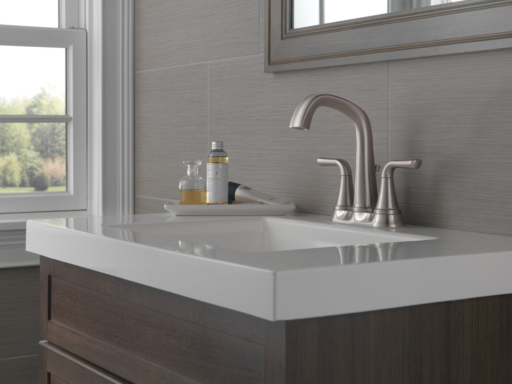 Two Handle Centerset Bathroom Faucet in Spotshield Brushed Nickel