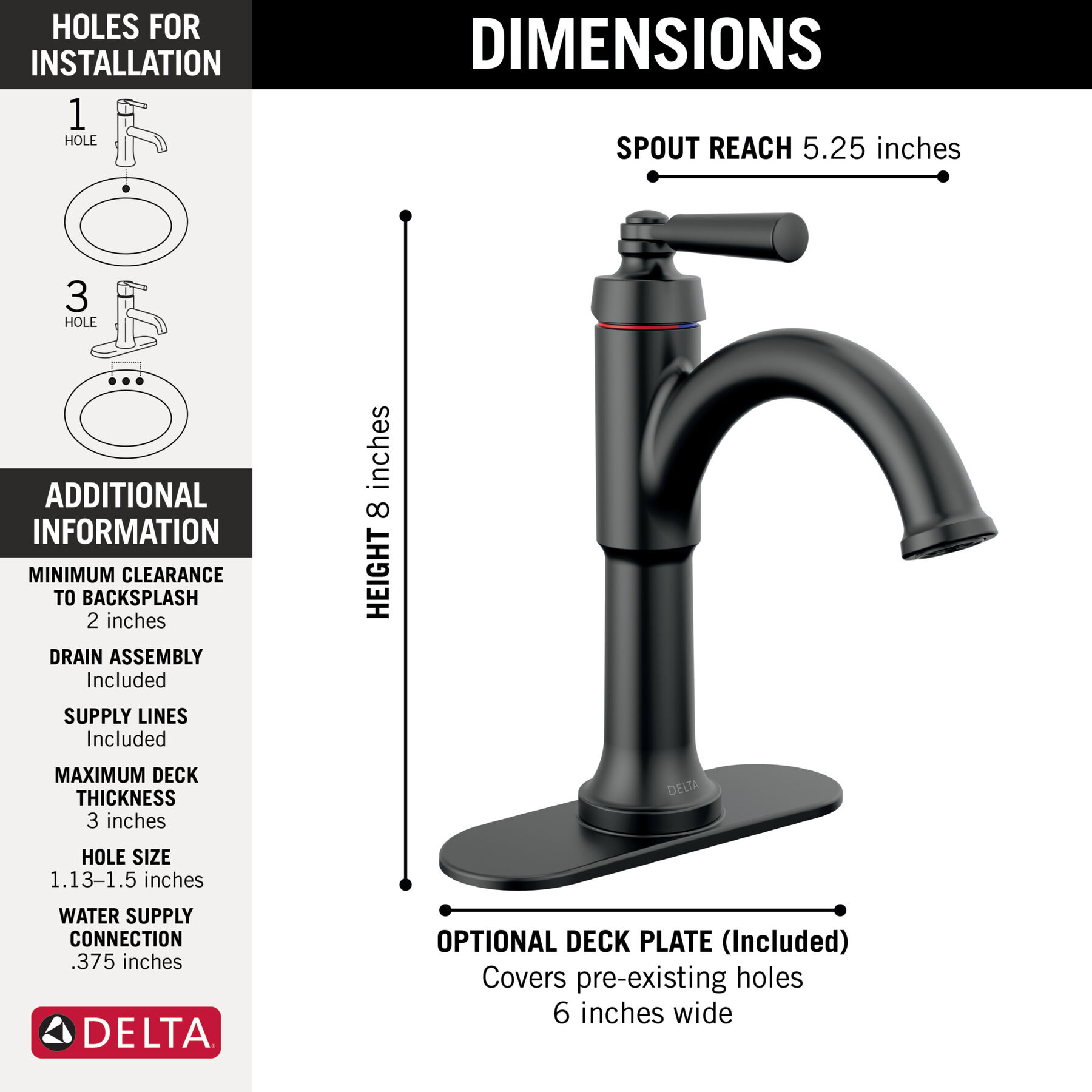 Single Handle Bathroom Faucet in Matte Black 535-BLMPU-DST | Delta 