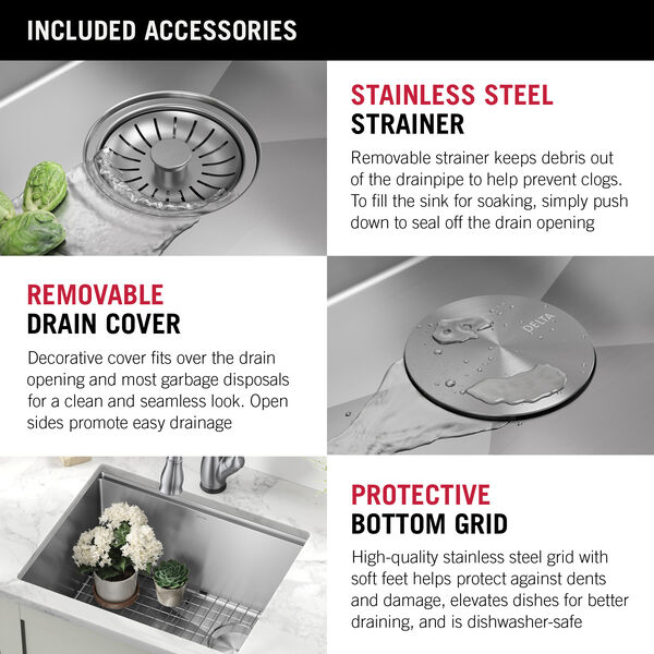24” Workstation Undermount Single Bowl 16 Gauge Stainless Steel Laundry  Utility Kitchen Sink with WorkFlow™ Ledge and Accessories in Stainless  Steel 95B9132-24SL-SS Delta Faucet