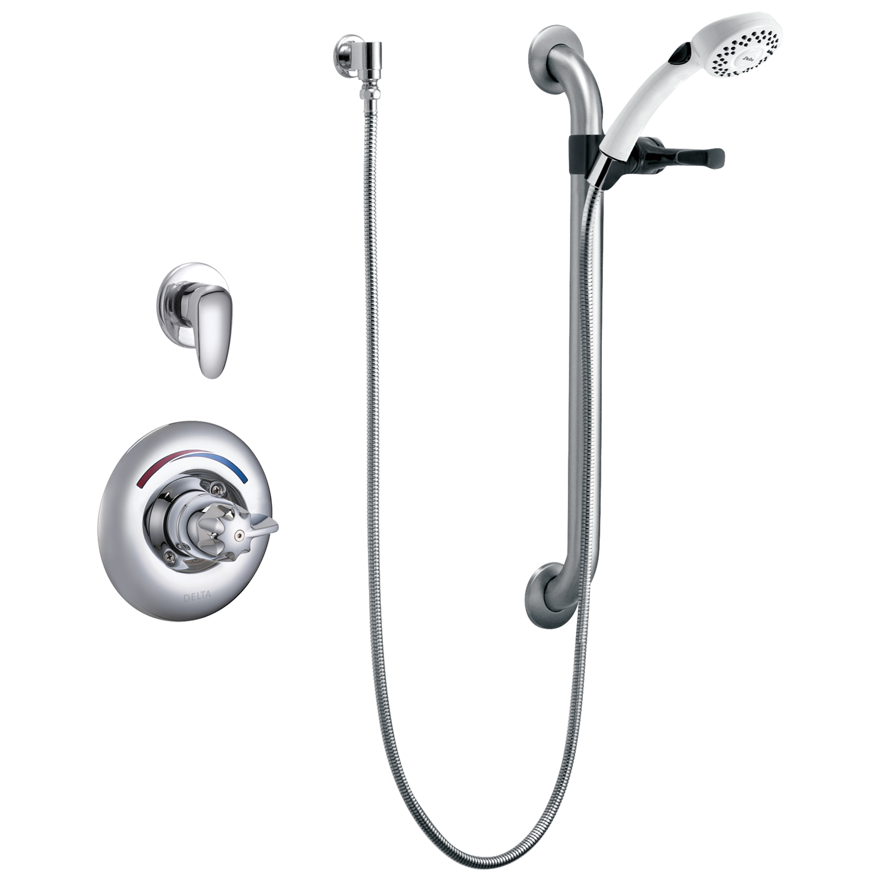 Universal Dual Shower Trim, Diverter, Hand Shower, and Grab Bar in