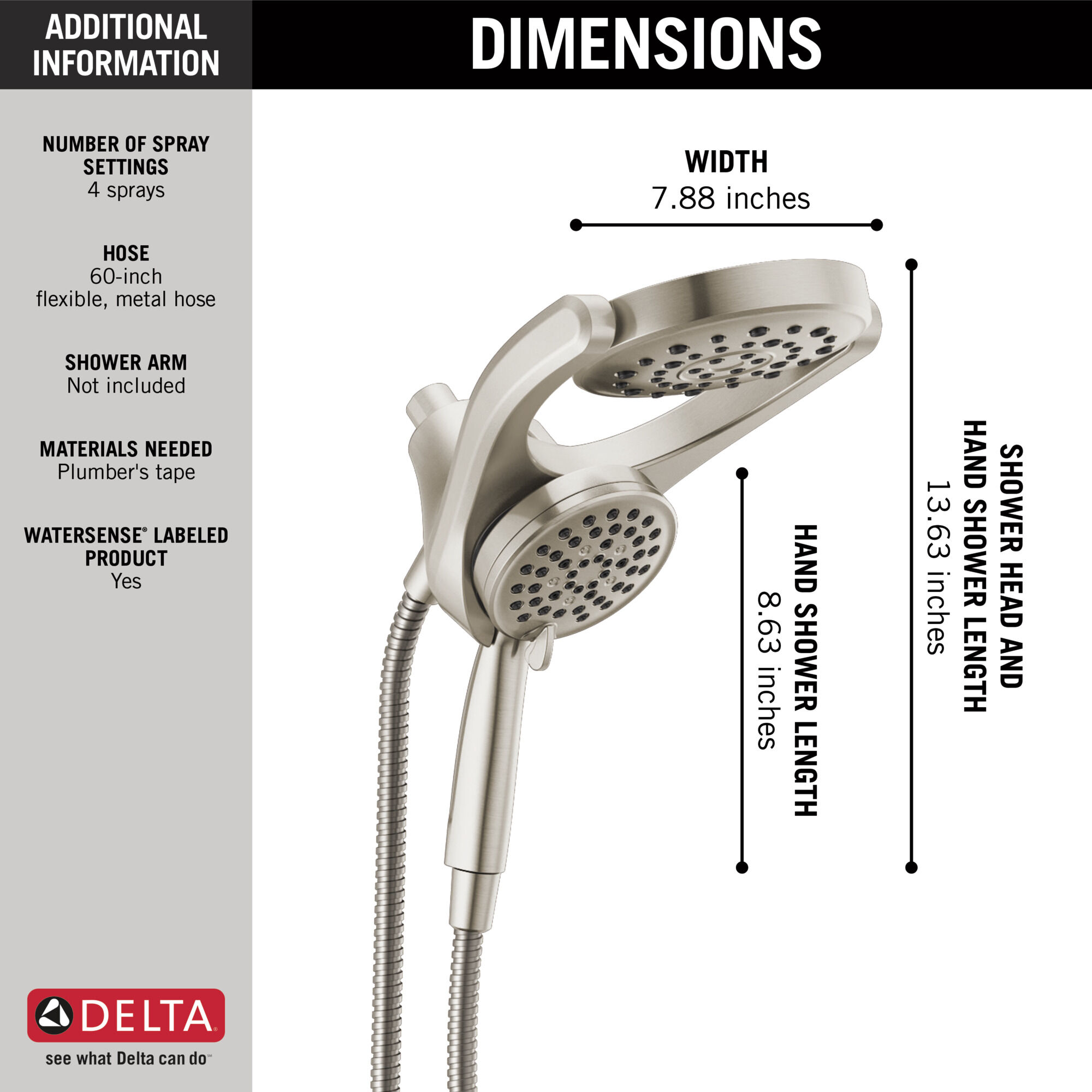 HydroRain® 4-Setting Two-in-One Shower Head (Recertified) in