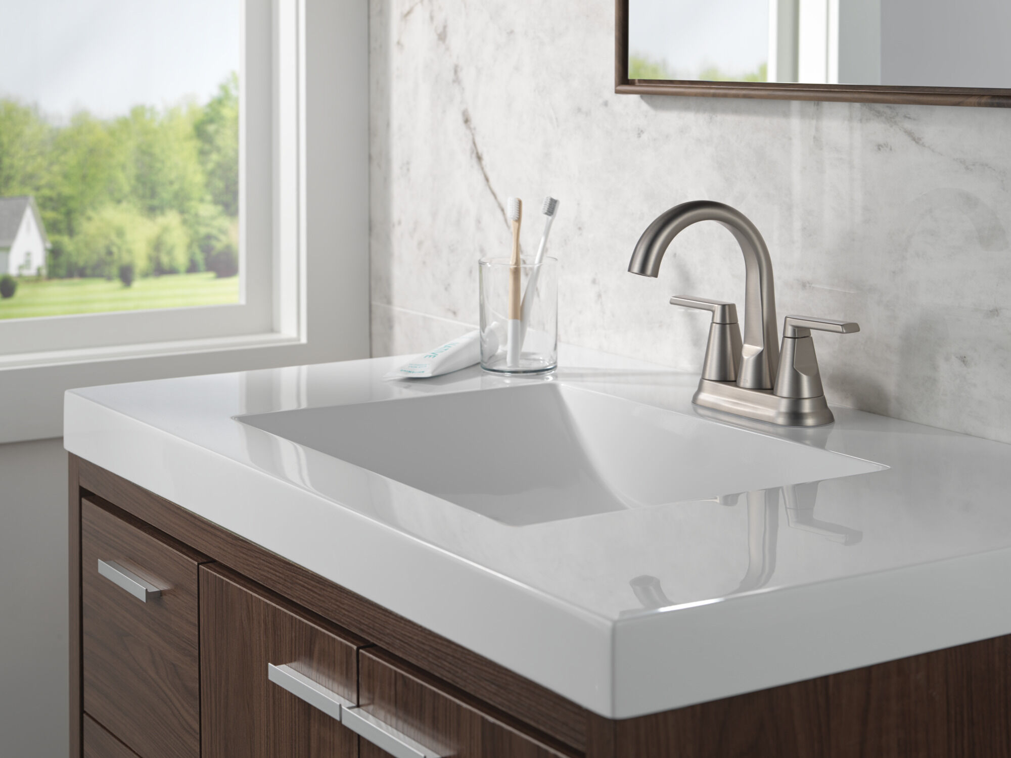Two Handle Centerset Bathroom Faucet in Spotshield Brushed Nickel
