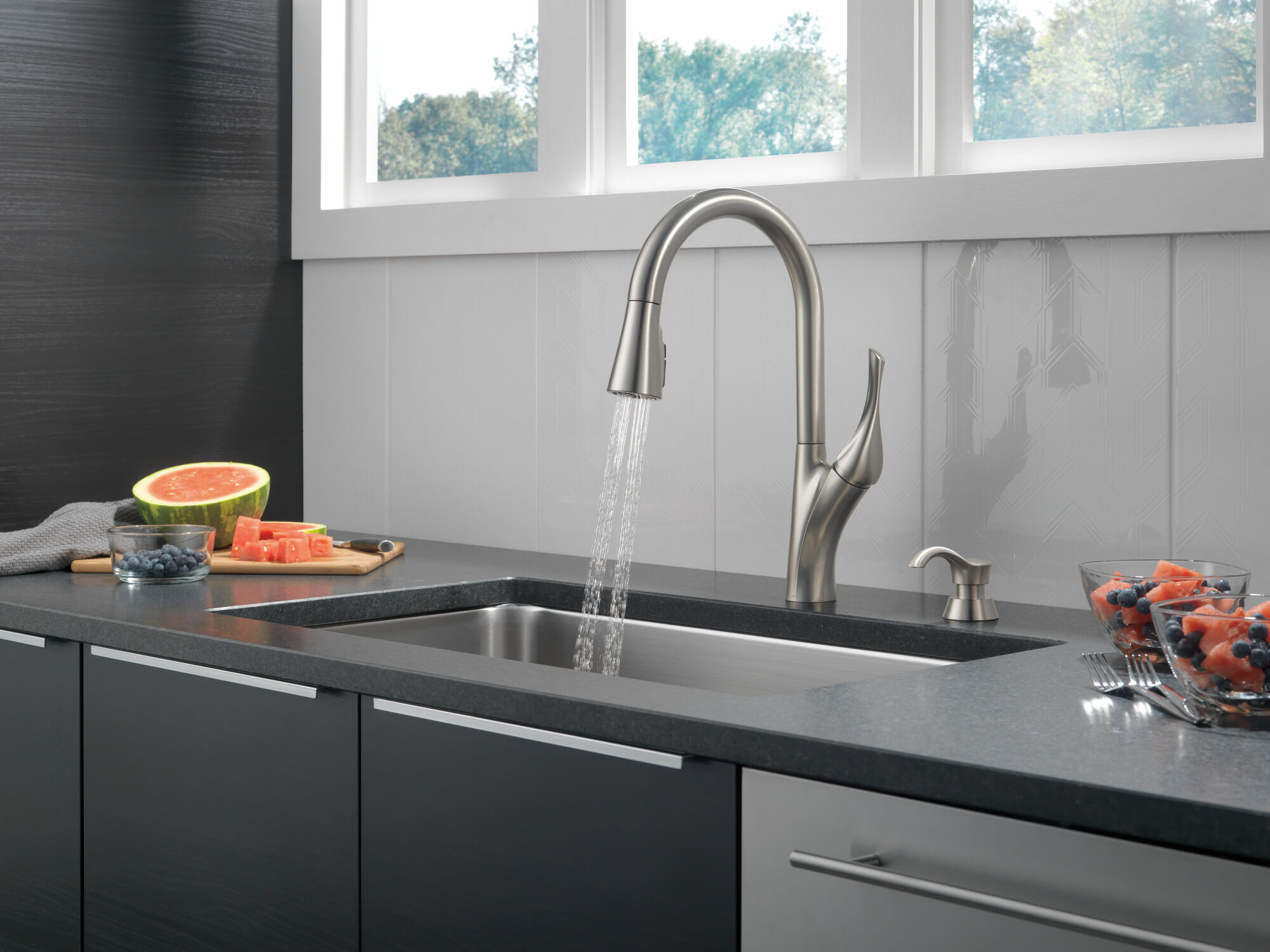 Single Handle Pull-Down Kitchen Faucet with Soap Dispenser and ShieldSpray®  Technology