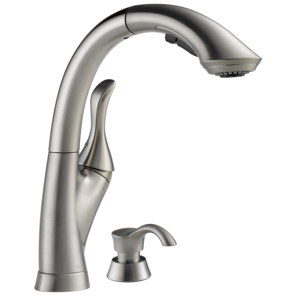 Single Handle PullOut Kitchen Faucet with Soap Dispenser in Stainless