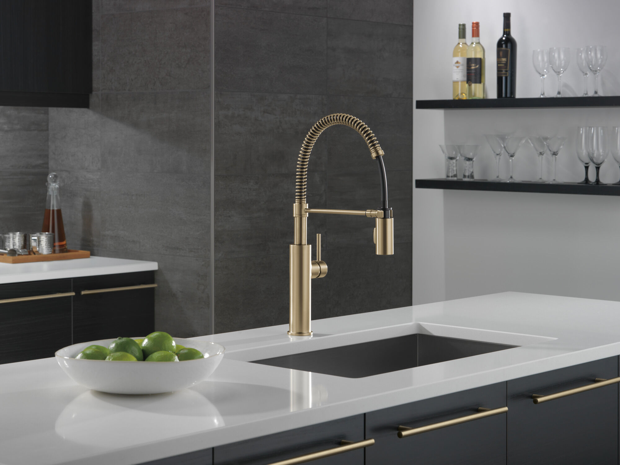 Single-Handle Pull-Down Spring Kitchen Faucet in Champagne Bronze