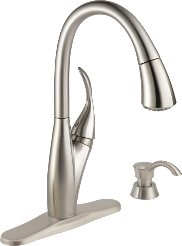 Delta Berkley Kitchen Faucet Single Handle w// Soap Dispenser Stainless Steel NEW