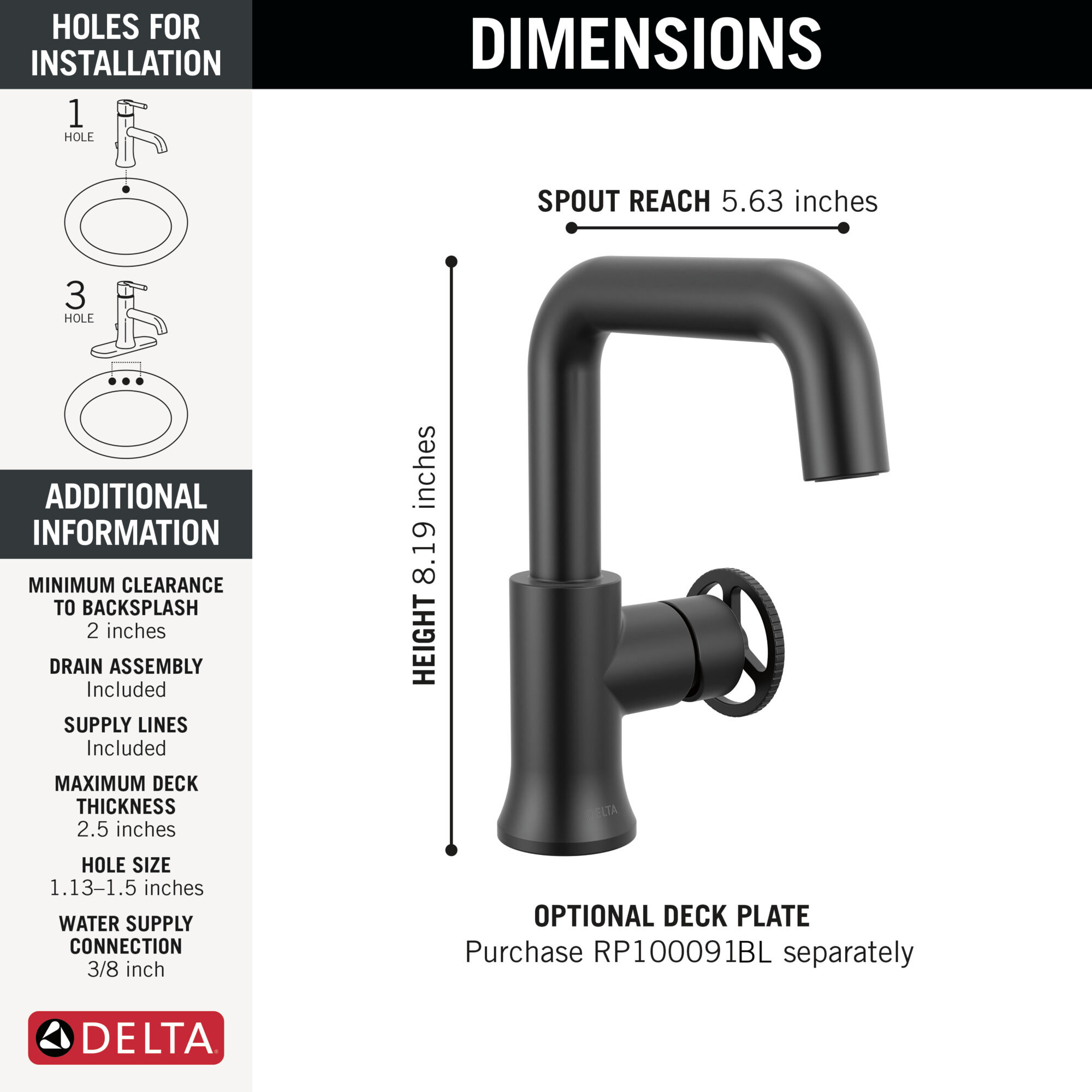 Single Handle Bathroom Faucet in Matte Black 5547HAR-BL-DST