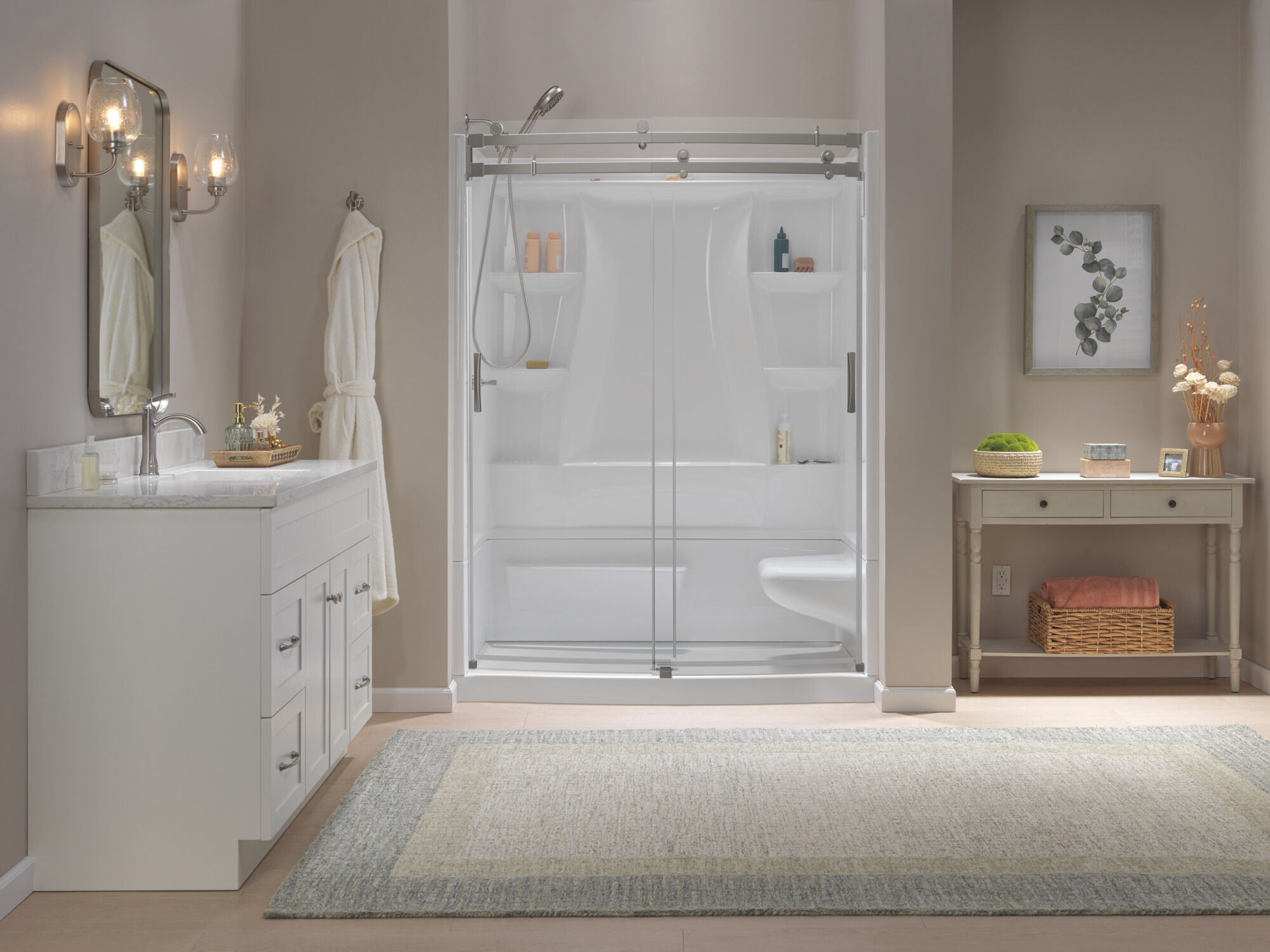 60x32 Alcove Shower Bundle with Door - Right Seat Center Drain