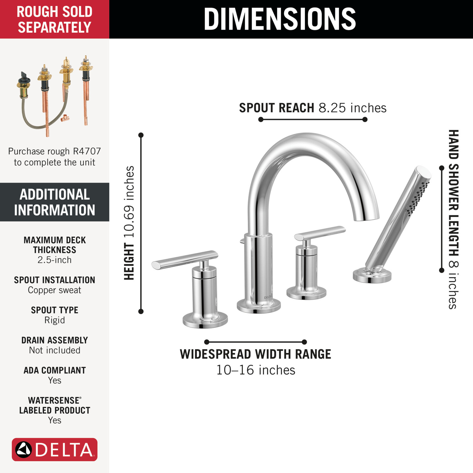 Roman Tub Trim with Hand Shower in Chrome T4742 | Delta Faucet, image size:1800x1800