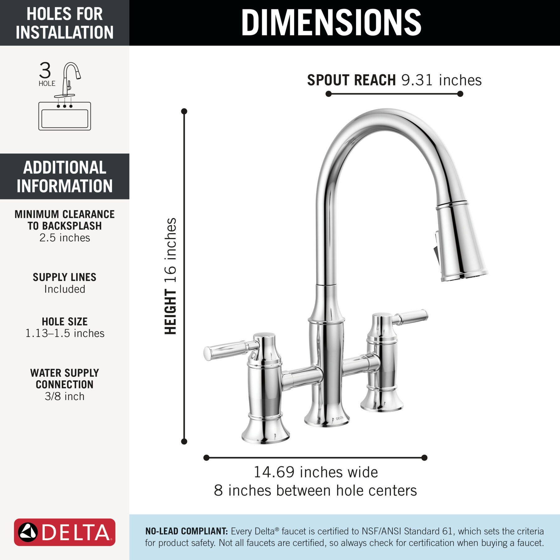 Two Handle Pull-Down Bridge Kitchen Faucet in Lumicoat® Chrome — thumbnail 2