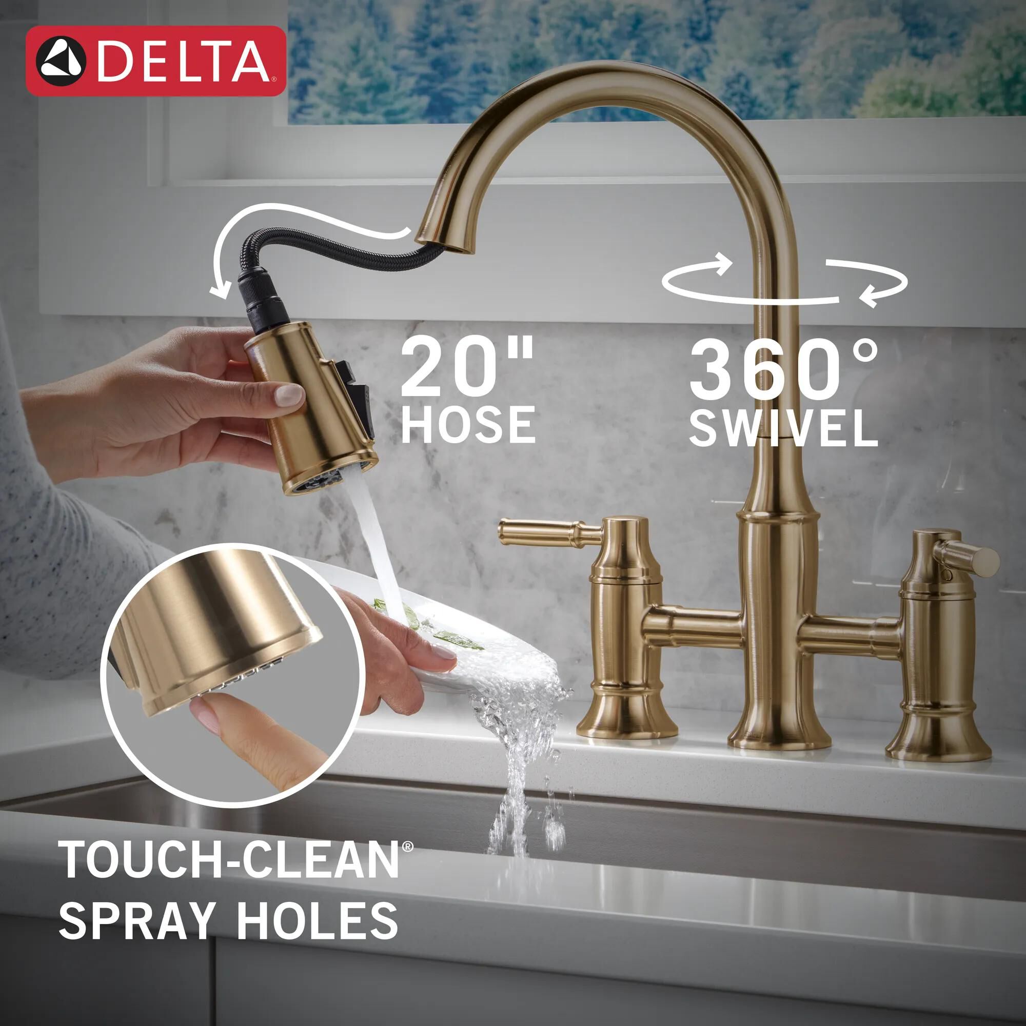 Two Handle Pull-Down Bridge Kitchen Faucet in Lumicoat® Champagne Two Handle Pull-Down Bridge Kitchen Faucet in Lumicoat® Champagne