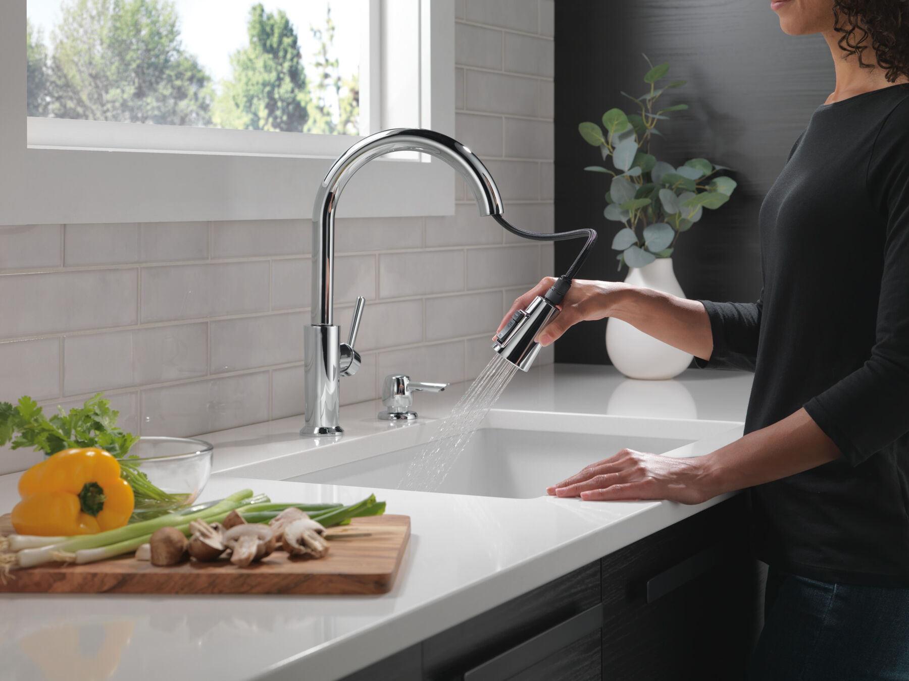 Single Handle Pull-Down Kitchen Faucet with Soap Dispenser and ShieldSpray  Technology in Chrome 19805Z-SD-DST