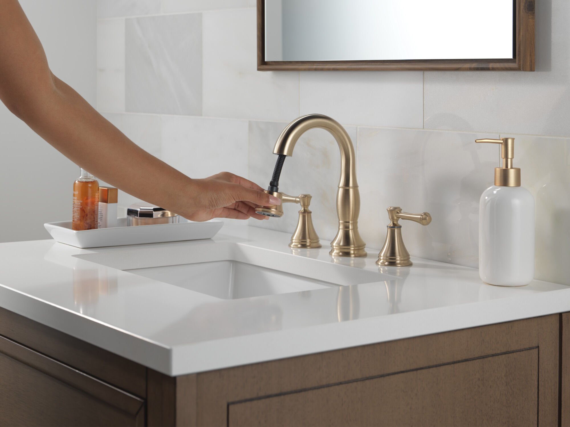 Two Handle Widespread Pull Down Bathroom Faucet in Champagne
