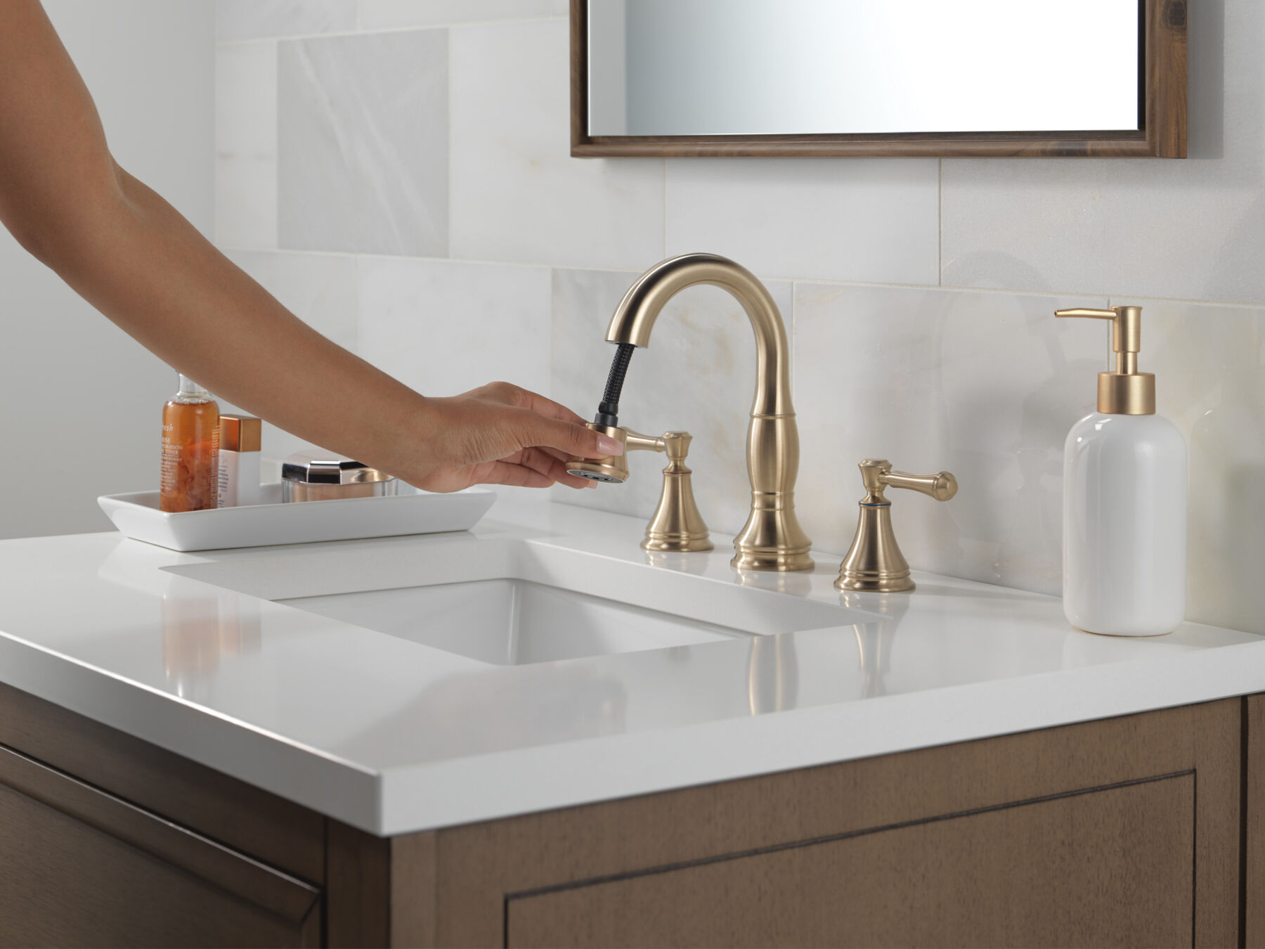 Two Handle Widespread Pull Down Bathroom Faucet in Champagne 