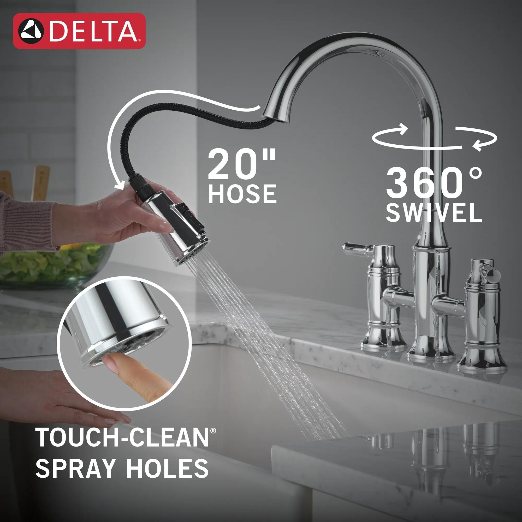 Two Handle Pull-Down Bridge Kitchen Faucet in Lumicoat® Chrome
