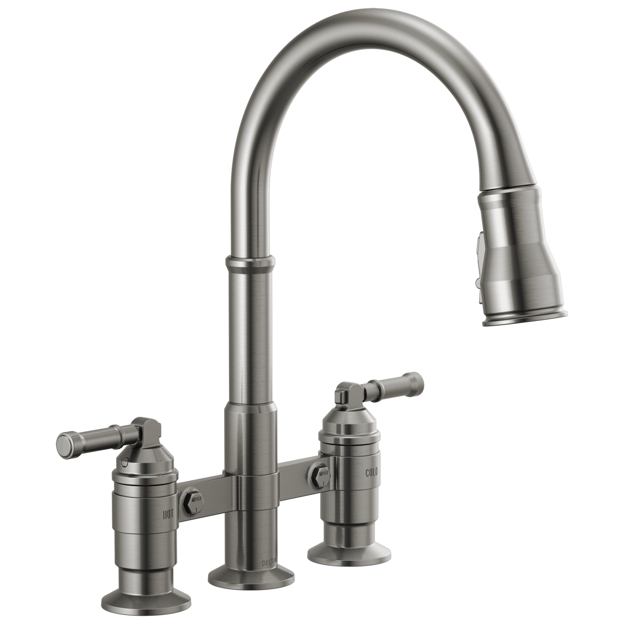 BroderickE Two Handle Pull-Down Bridge Kitchen Faucet - Black Stainless