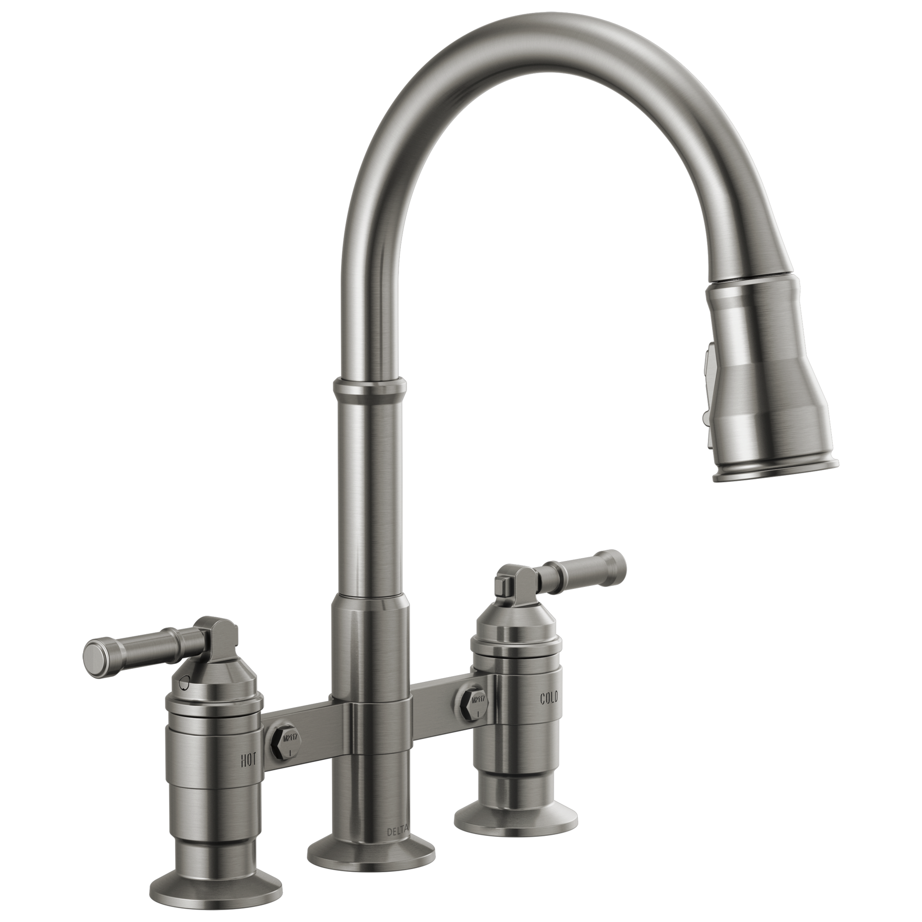Two Handle Pull-Down Bridge Kitchen Faucet in Black Stainless
