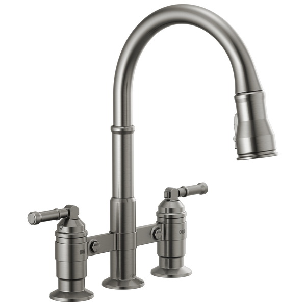 Two Handle Pull-Down Bridge Kitchen Faucet in Black Stainless