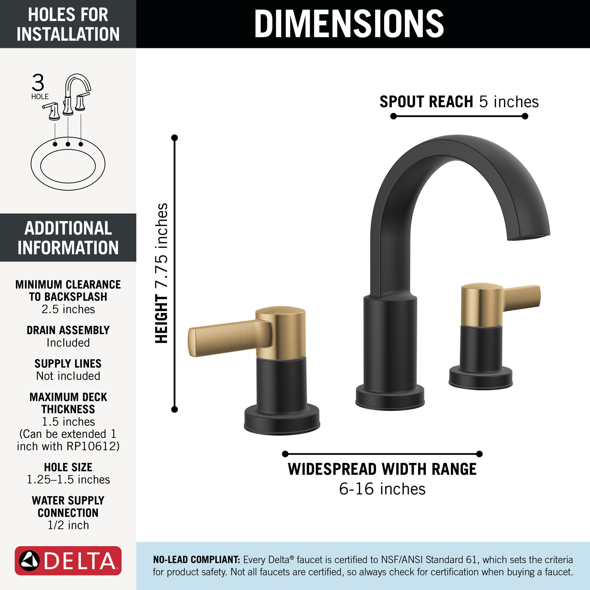 Two Handle Widespread Bathroom Faucet in Matte Black / Champagne