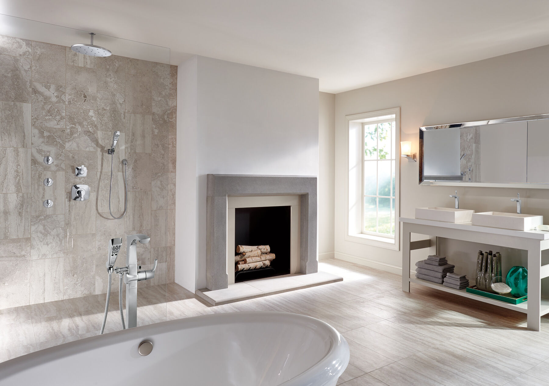 Single Handle Floor Mount Tub Filler Trim with Hand Shower in Chrome