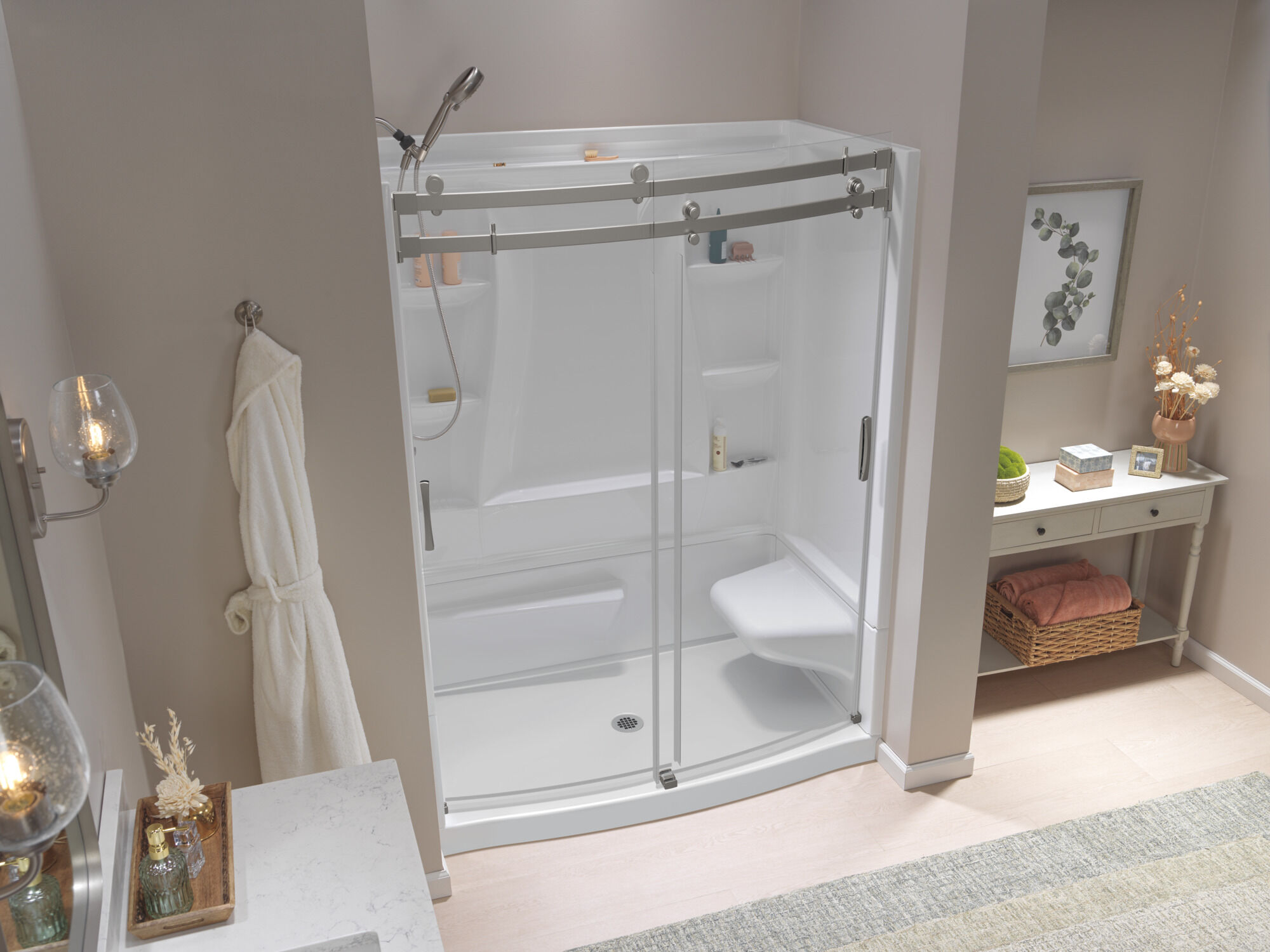 60x32 Alcove Shower Bundle with Door - Right Seat Center Drain