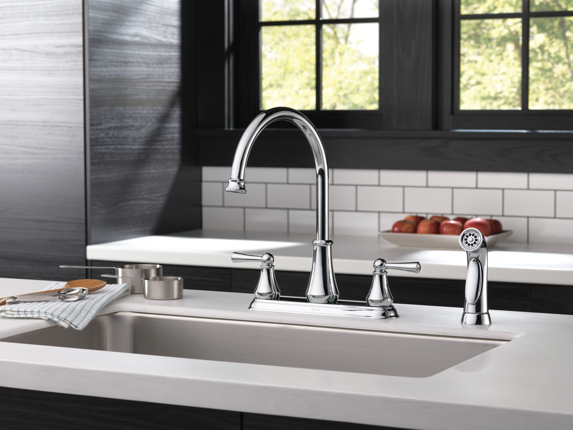 Two Handle Kitchen Faucet with Spray in Chrome 21902LF | Delta Faucet