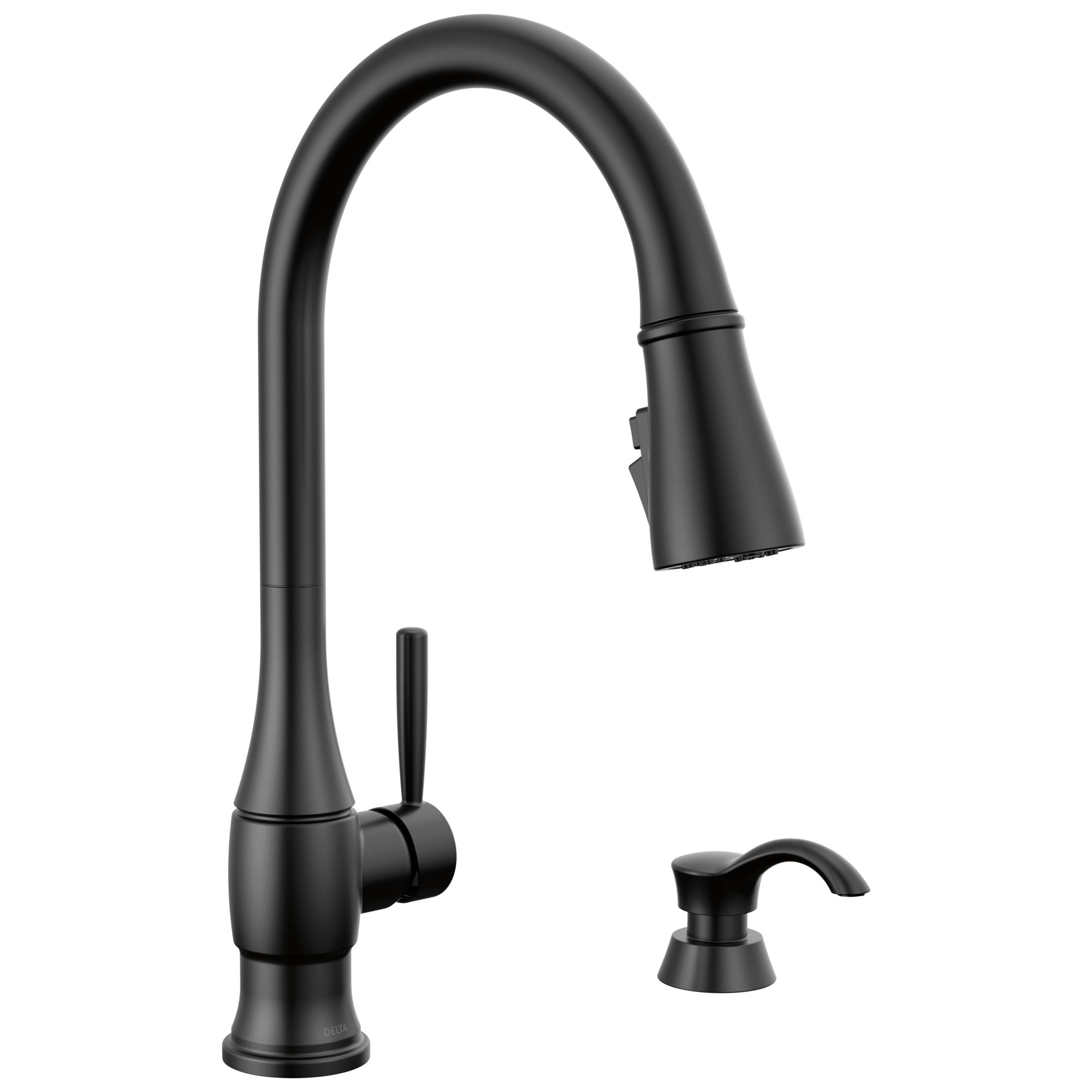HazelwoodE Single Handle Pull-Down Kitchen Faucet with Soap Dispenser and ShieldSpray Technology - Matte Black