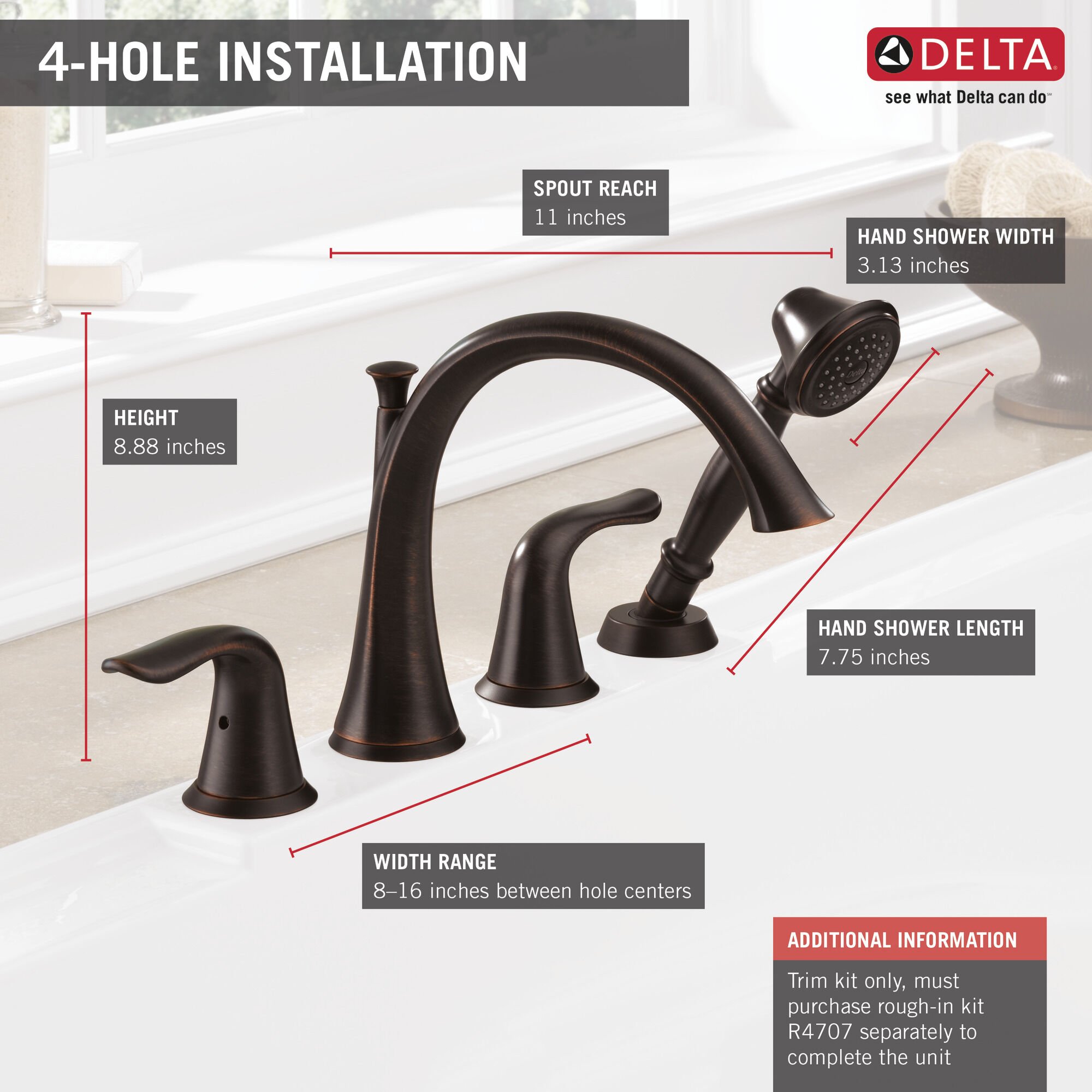 Roman Tub with Handshower Trim in Venetian Bronze T4738-RB | Delta