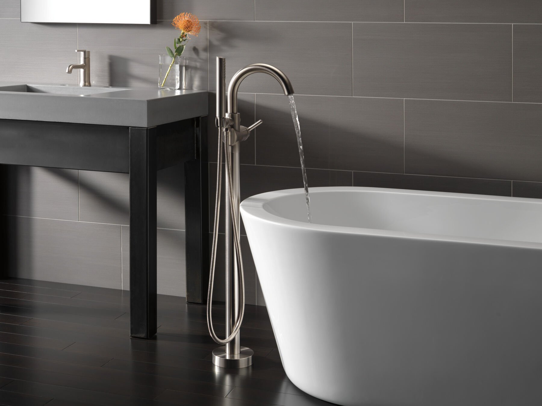 Single Handle Floor Mount Tub Filler Trim with Hand Shower