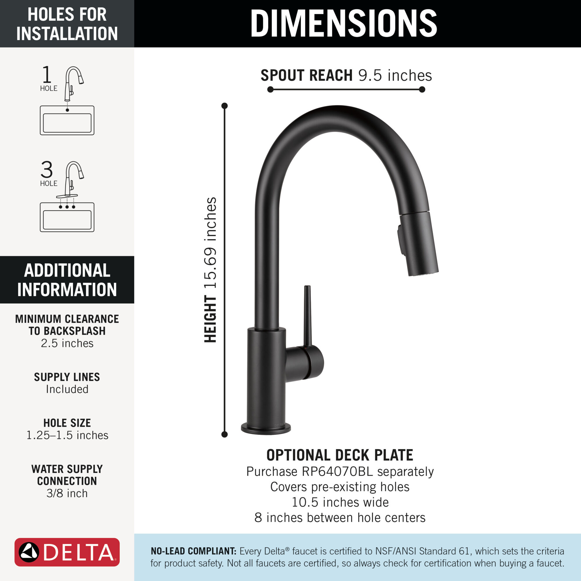 Single Handle Pull-Down Kitchen Faucet in Matte Black 9159-BL-DST