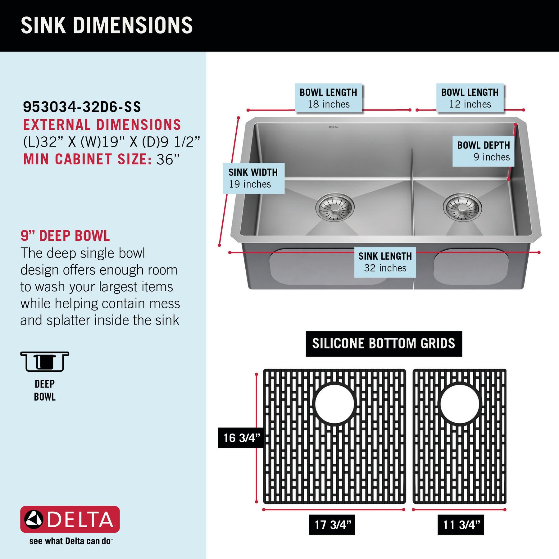 32” Undermount Stainless Steel Double Bowl Kitchen Sink with Accessories in Stainless  Steel 953034-32D6-SS | Delta Faucet, image size:1800x1800