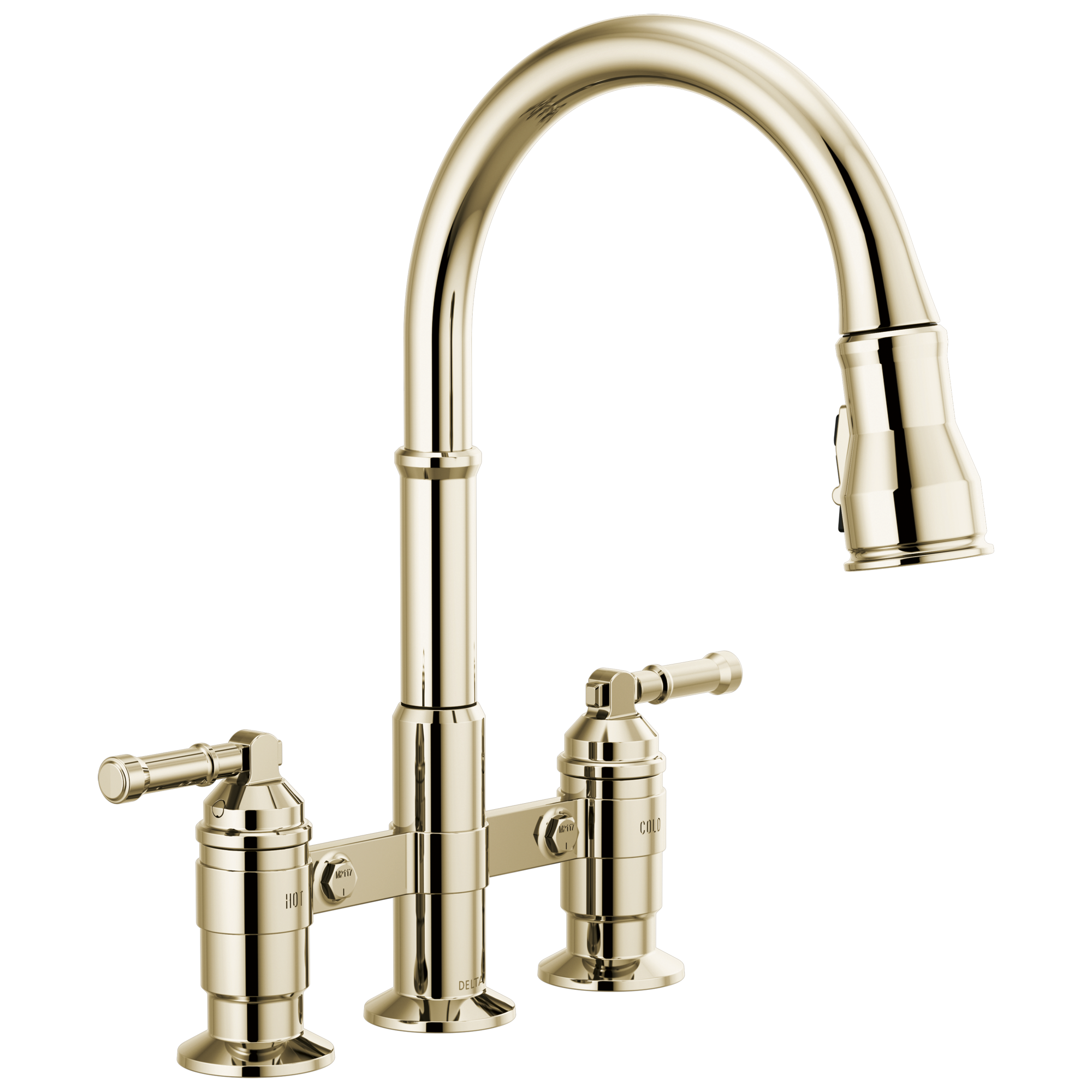 Delta Faucet Broderick® Pull-Down Bridge Kitchen Faucet - Two Handle - 1.8 GPM in Polished Nickel