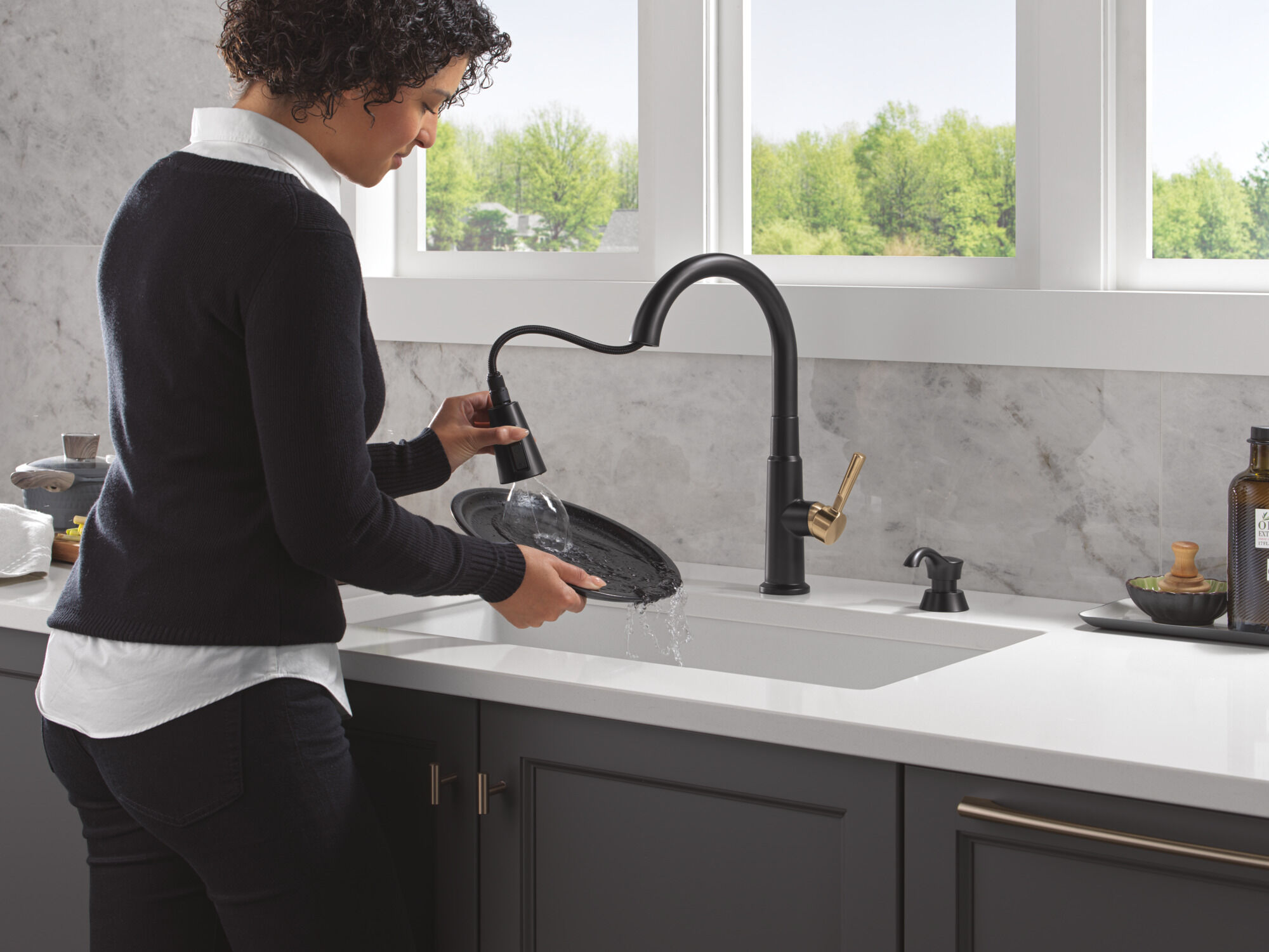 Single Handle Pull-Down Kitchen Faucet with Soap Dispenser and
