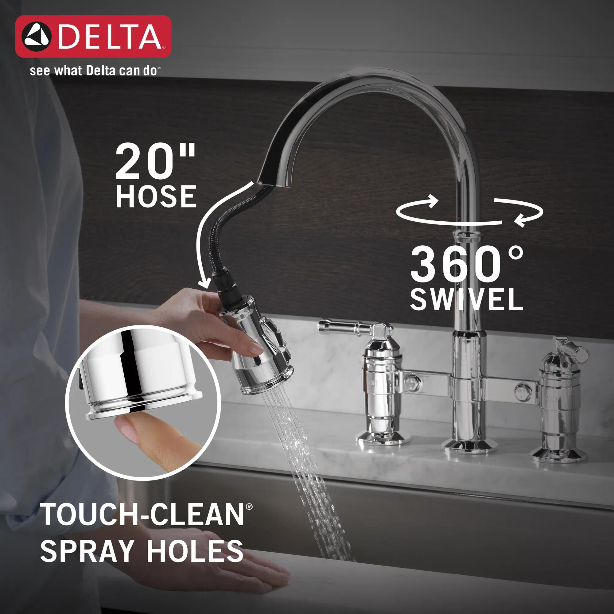 Two Handle Pull-Down Bridge Kitchen Faucet in Chrome 2390L-DST
