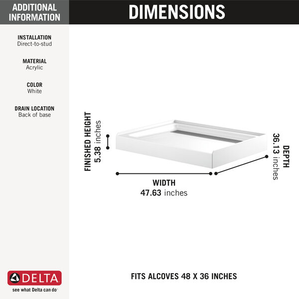 48" x 36" Shower Base in High Gloss White B7109124836WH Delta Faucet