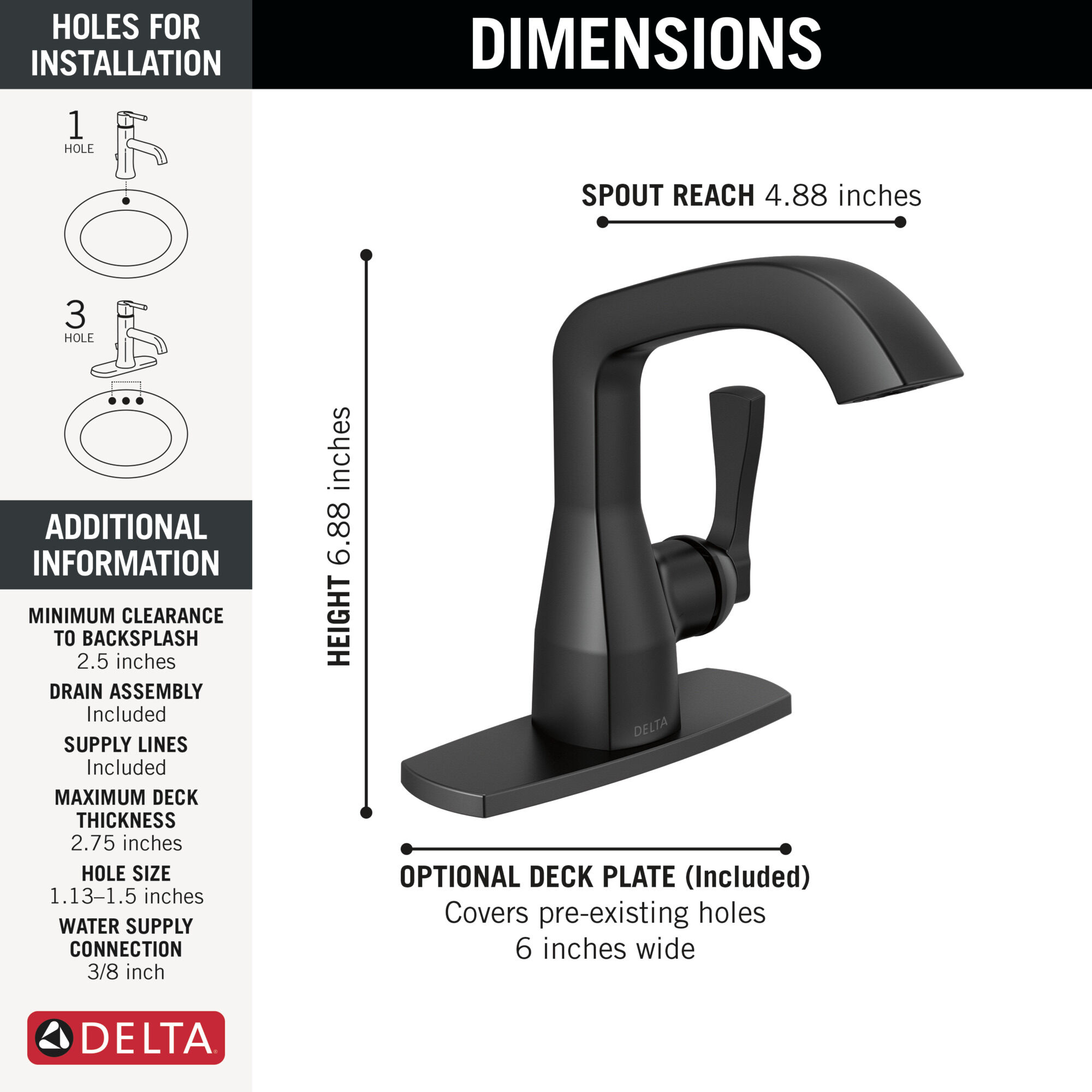 Single Handle Bathroom Faucet in Matte Black 576-BLMPU-DST | Delta