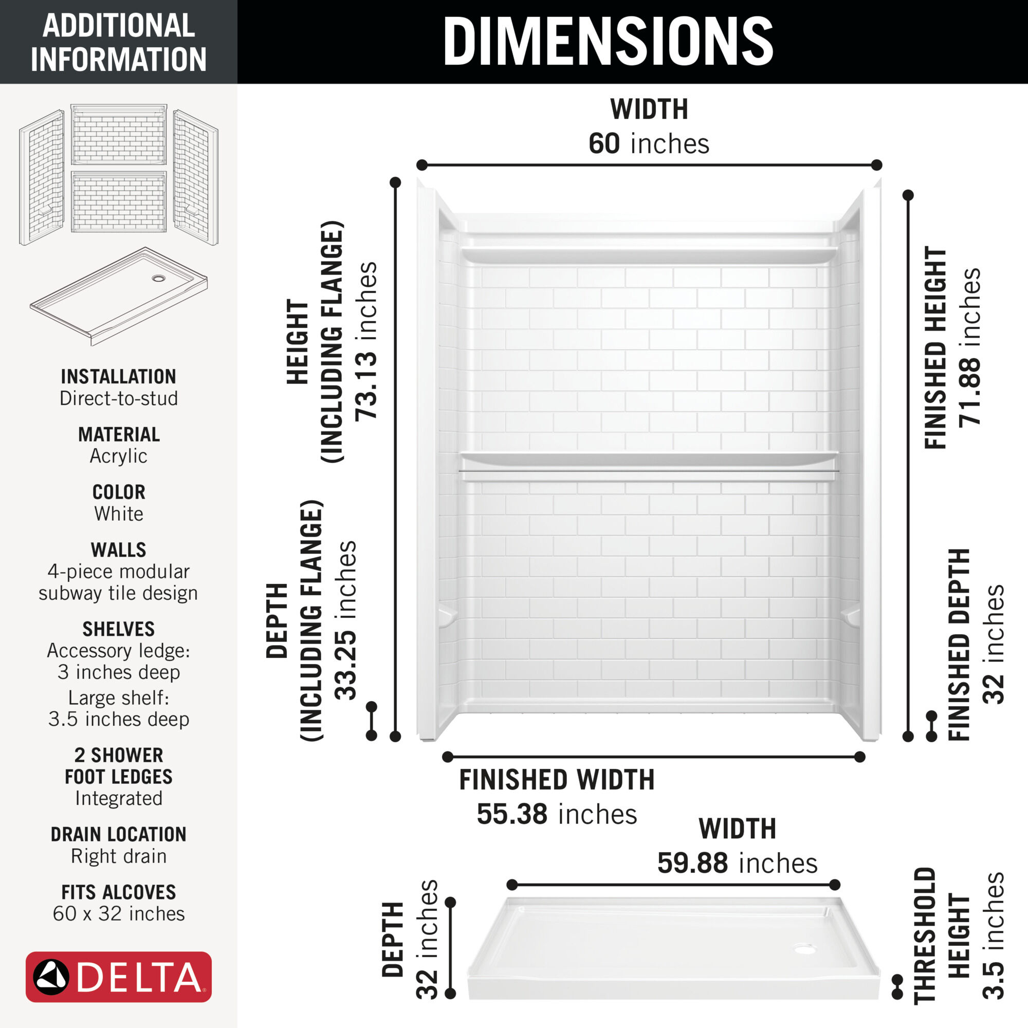 60x32 Alcove Shower Base with Tile Wall Bundle - Right Drain in