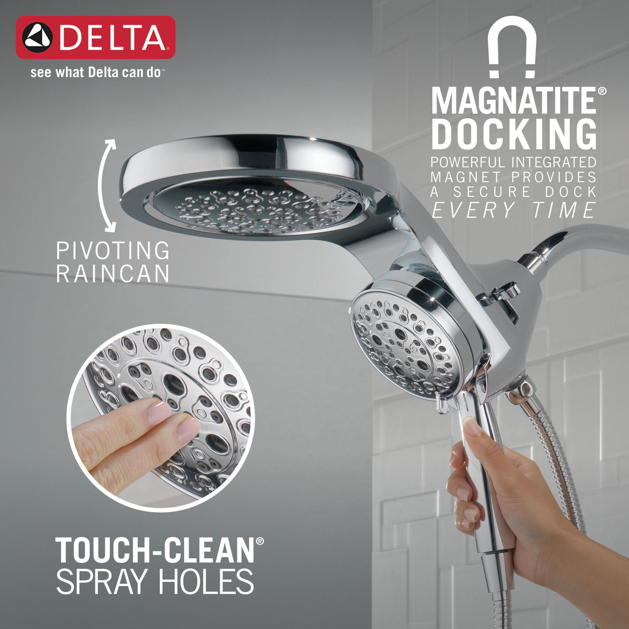 Delta Dual Rain Showerhead/ Handheld Chrome 2-in-1 4-Spray Magnetic Docking 