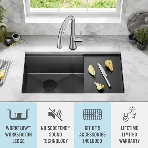 33” Undermount 16 Gauge Workstation Kitchen Sink Double Bowl with WorkFlow™  Ledge and Accessories in PVD Gunmetal 95B9031-33D-GS Delta Faucet