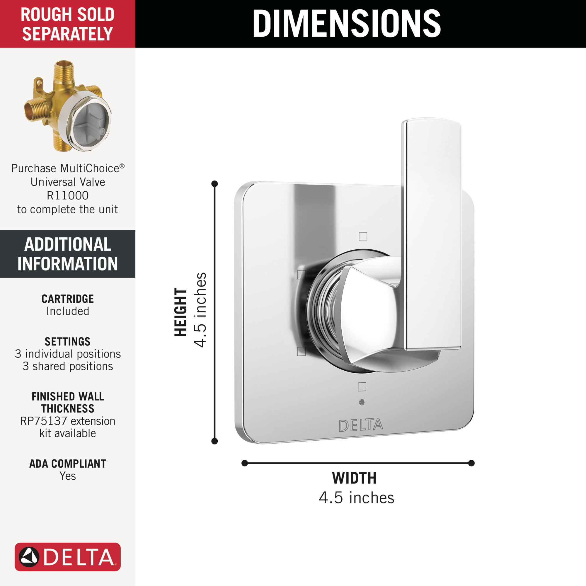6-Setting 3-Port Diverter Trim in Chrome T11937 | Delta Faucet