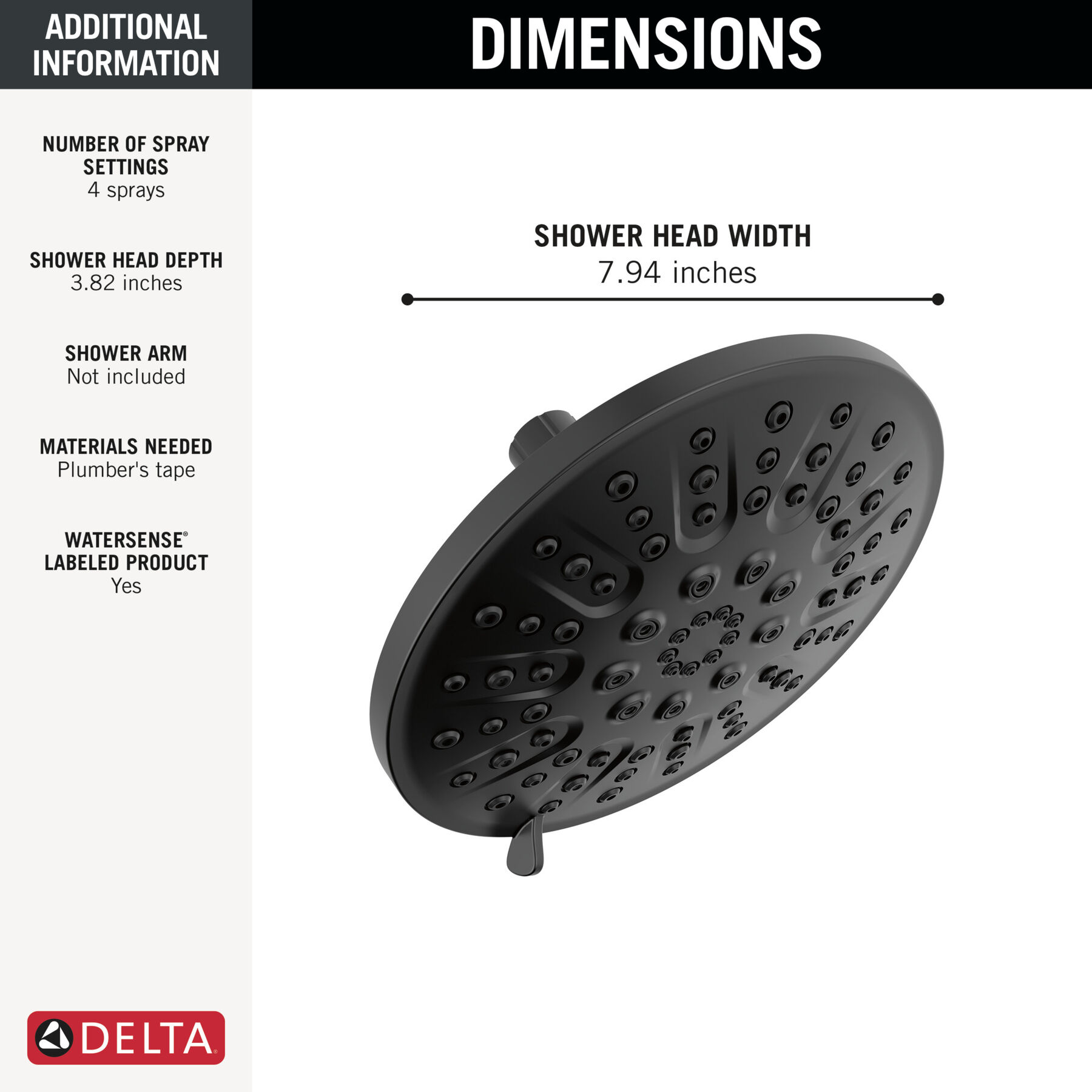 4 Setting Shower Head in Matte Black 75617BL Delta Faucet