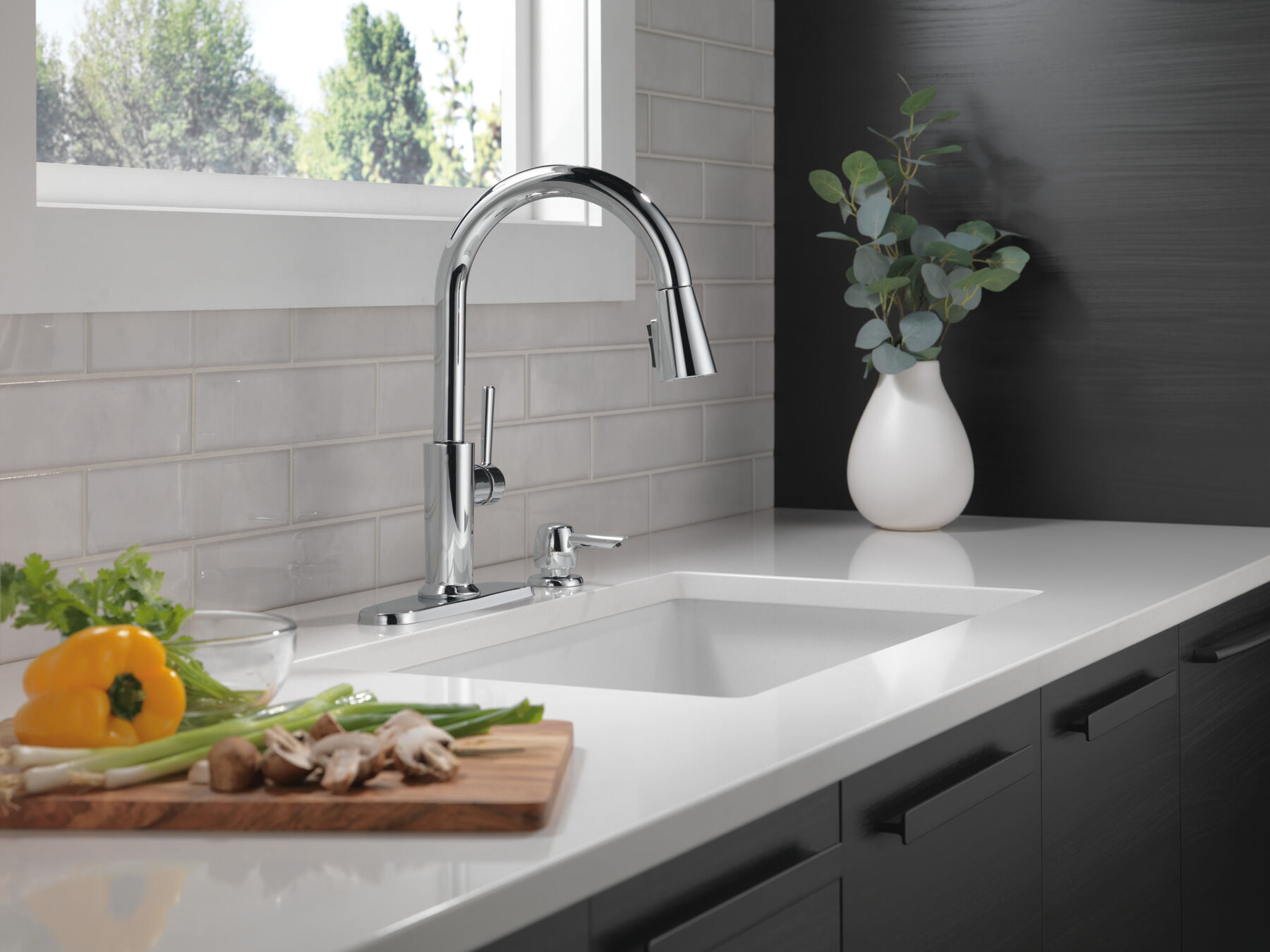 Single Handle Pull-Down Kitchen Faucet with Soap Dispenser and ShieldSpray Technology in Chrome — thumbnail 2