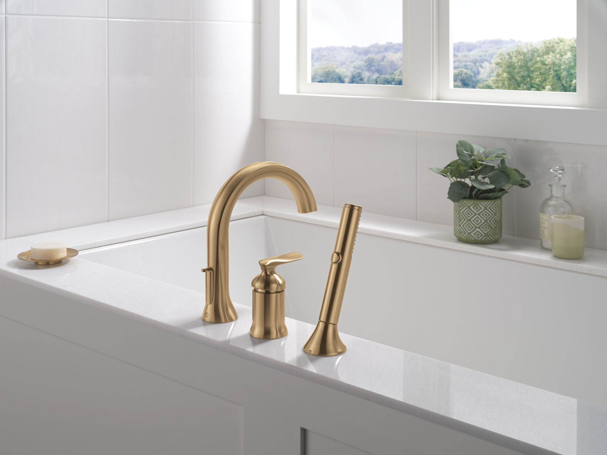 Three Hole Roman Tub Trim with Hand Shower in Lumicoat® Champagne