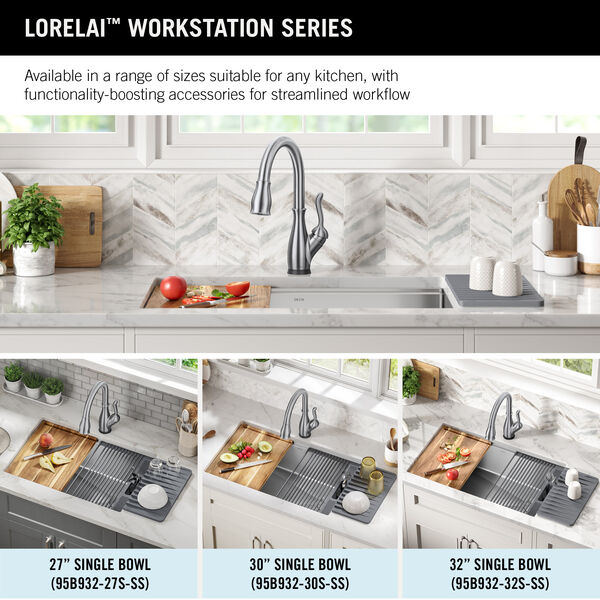 32” Workstation Kitchen Sink Undermount Stainless Steel Single Bowl with  WorkFlow™ Ledge and Accessories in Stainless Steel 95B932-32S-SS Delta  Faucet