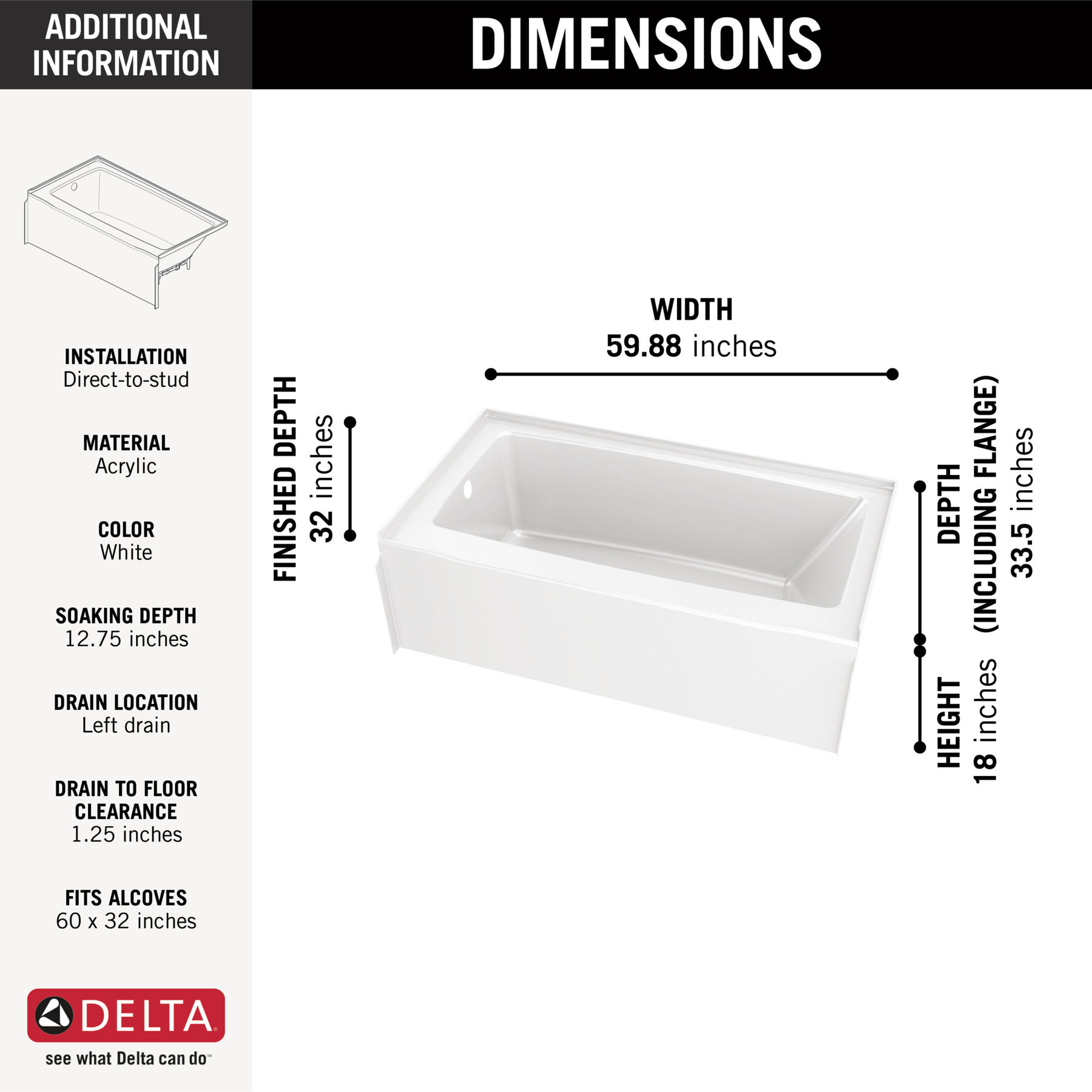 Classic 500 Bathtub 60"x32" Left Drain, image 10