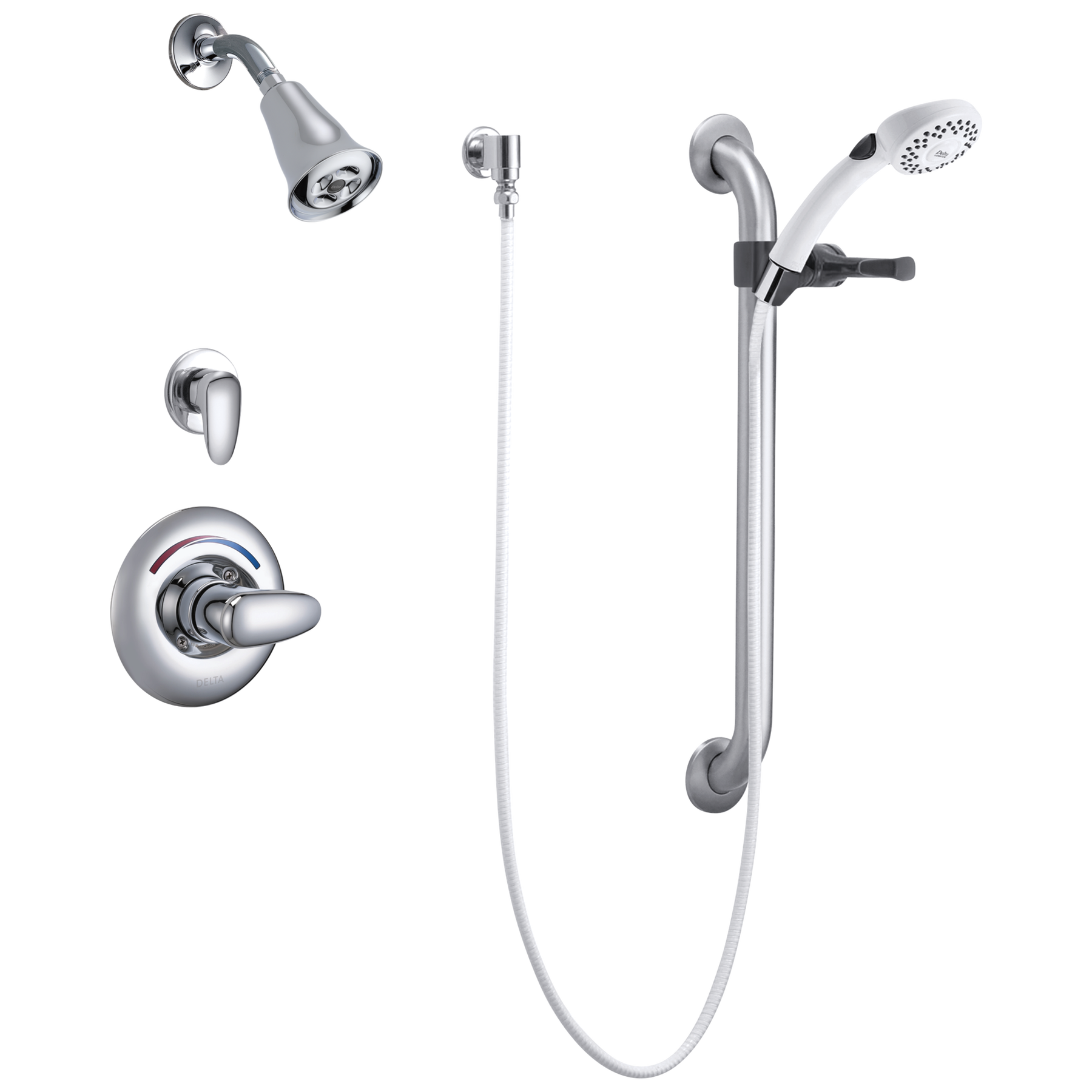 Universal Dual Shower Trim, Diverter, Hand Shower, and Grab Bar in  
