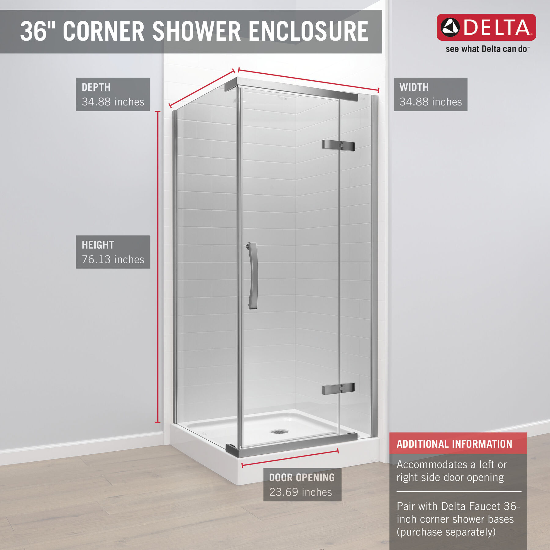 36" x 36" Frameless Shower Enclosure in Chrome B9129123636PC Delta