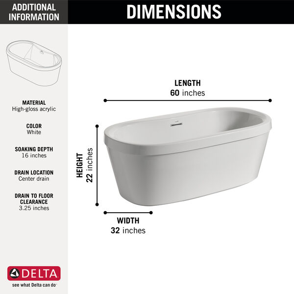 60 X 32 Freestanding Tub With Integrated Waste And Overflow In High Gloss White B 6032 Wh Delta Faucet