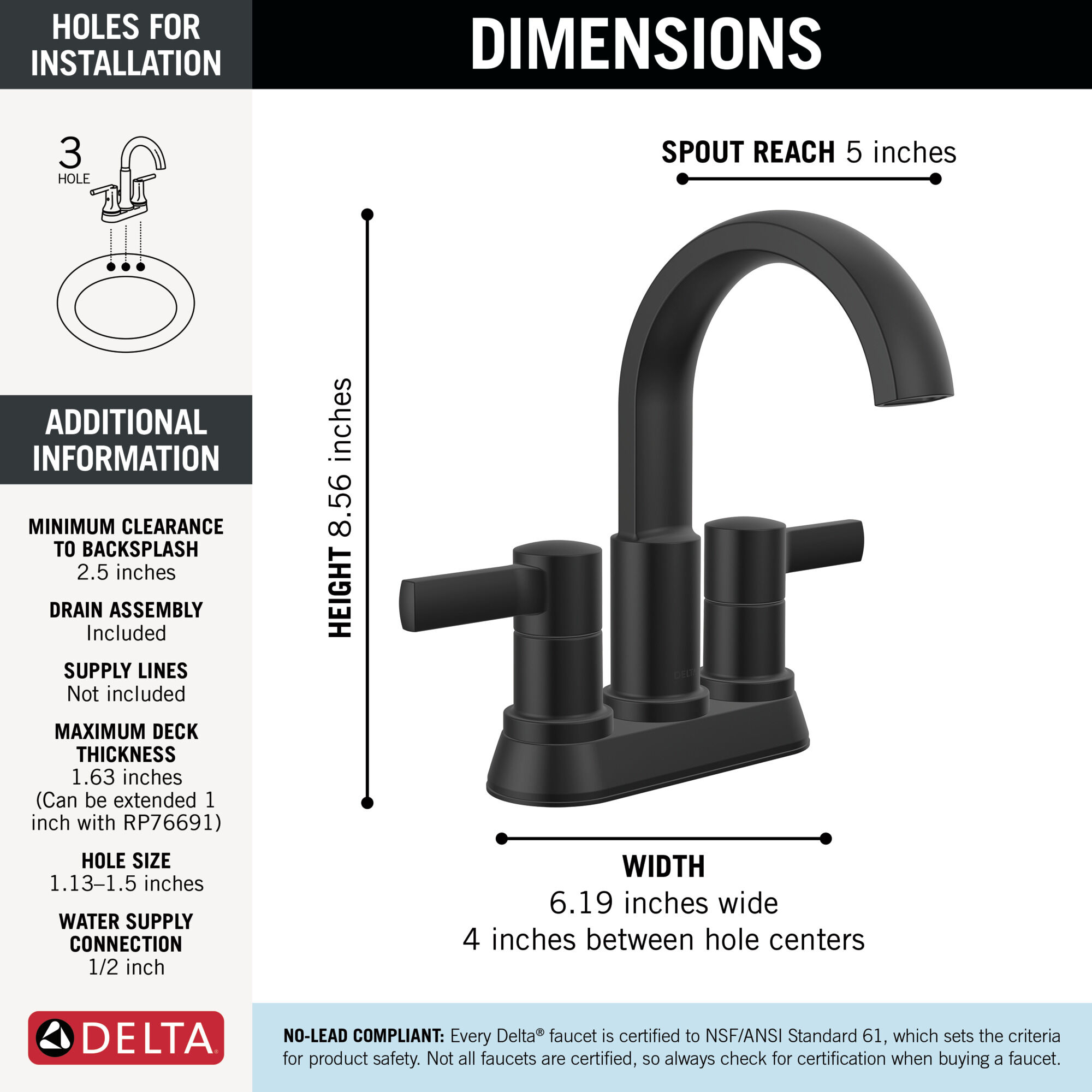 Two Handle Centerset Bathroom Faucet in Matte Black 25855LF-BL
